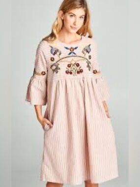 Embroidered Striped Boho Midi Dress | Blue | Size Medium